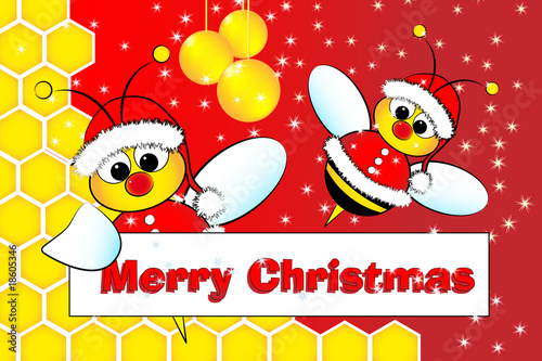Christmas card with bees Santa Claus and beehive Christmas card with bees Santa Claus and beehive