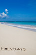 Word Holiday made of branches on white sand beach