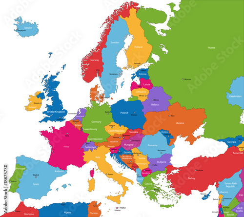 Colorful Europe map with countries and capital cities