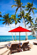 Red umbrella and chairs on sand beach in tropic Red umbrella and chairs on sand beach in tropic