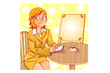 カフェ（外）でメモする女性