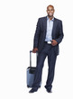 Happy business man with luggage on white