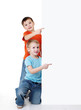 boy look outs from the blank banner