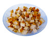 chopped smoked chicken meat in the plate isolated