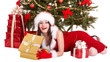 Christmas girl in santa hat, fir tree, gift box group.