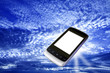 modern cell phone with white screen floating in bright blue sky
