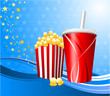 Popcorn and cup of soda on film background