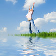 happy young woman dreams to fly on winds