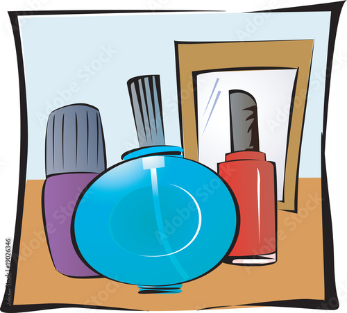 Illustration of costume articles near a mirror