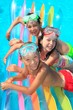 Children on float in pool