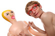 Nerd playing with a doll