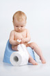 Little girl on potty with lavatory paper.