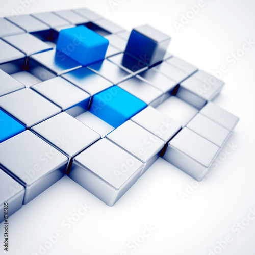 Illustration: Abstract silver and blue metallic cubes on a white Abstract silver and blue metallic cubes on a white
