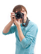 Young man making photo. Front view