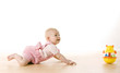 baby girl crawling towards a toy on the floor baby girl crawling towards a toy on the floor