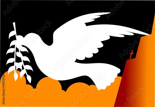 Illustration: Illustration of two doves with leaf in beak Illustration of two doves with leaf in beak