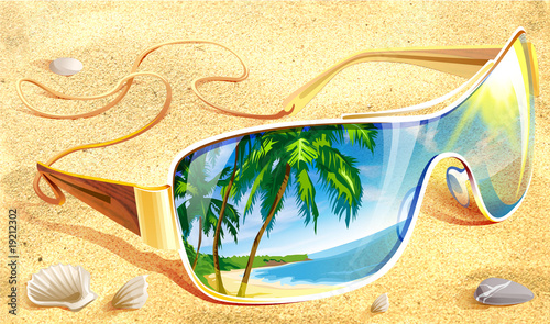 Illustration: exotic bay reflected in the sunglasses exotic bay reflected in the sunglasses
