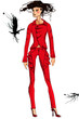 fashion illustration of model in red wear on white background.