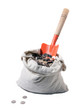 Canvas money bag sprouting crisp metal coins