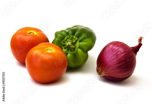 Photo: Two tomatoes, green pepper, red onion Two tomatoes, green pepper, red onion