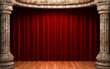 red velvet curtains behind the stone columns