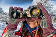 woman hiker with binoculars woman hiker with binoculars