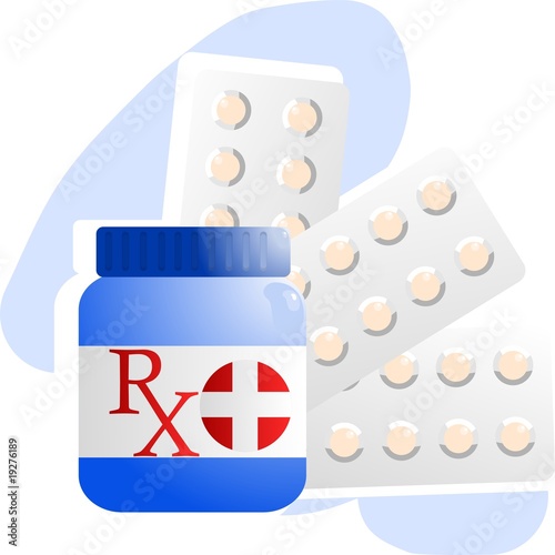 Illustration: Illustration of Capsule bottle and tablets Illustration of Capsule bottle and tablets