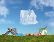lying couple on grass and dream house collage