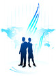 Businessman and businesswoman on world map background