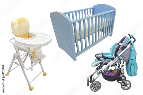 Photo: Child's chair, bed and perambulator Child's chair, bed and perambulator