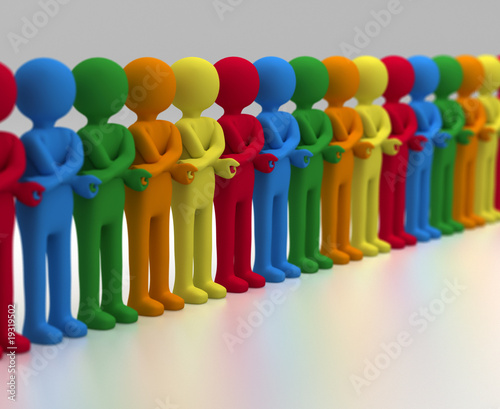 Illustration: 3D render of a chain of multicolored people join crossed arm 3D render of a chain of multicolored people join crossed arm