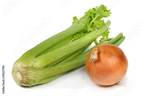 Photo: a single onion and celery close-up white background a single onion and celery close-up white background