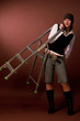 extravagnt nice tall girl in winter cap carrying high ladder
