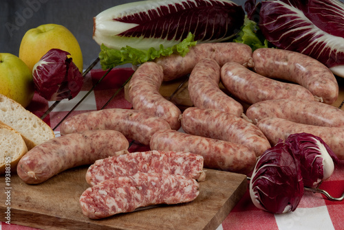 tipe of salted pork meat salame bacon mortadella sausages.