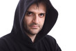 Man in black sweatshirt with hood on white background