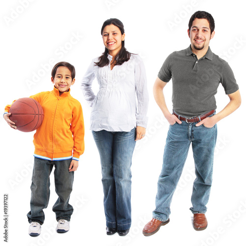 Photo: Small family of three full body portrait isolated Small family of three full body portrait isolated