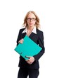 Young businesswoman, holding green folder with documents