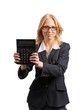 Confident looking young woman, holding calculator and smiling