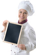 female chef with a menu blackboard