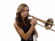 Young teen girl with old trombone and microphone Young teen girl with old trombone and microphone