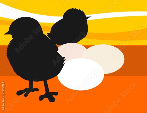 Illustration: Illustration of two chicks with eggs Illustration of two chicks with eggs