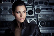 Beautiful rock woman with Boom Box background