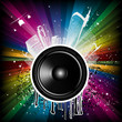 Magic Rainbow Party background with speaker and houses Magic Rainbow Party background with speaker and houses