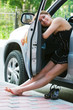 Young woman relaxing in the car.