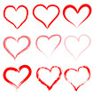 Collection of red artistic hand drawn hearts.