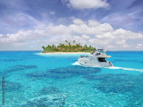 Photo: Beautiful caribbean view with big yacht (boat ship) Beautiful caribbean view with big yacht (boat ship)