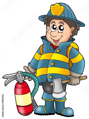 Illustration: Fireman holding fire extinguisher Fireman holding fire extinguisher