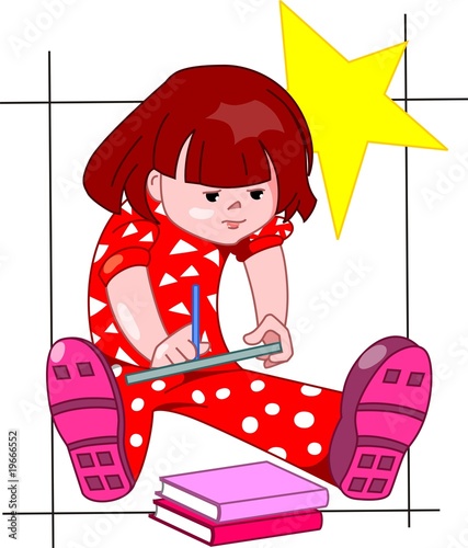 Illustration: Illustration of girl drawing the picture with book and star Illustration of girl drawing the picture with book and star