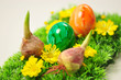 Osterwiese mit Ostereiern und Blumenzwiebeln