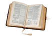 Open old Bible on white, with clipping path
